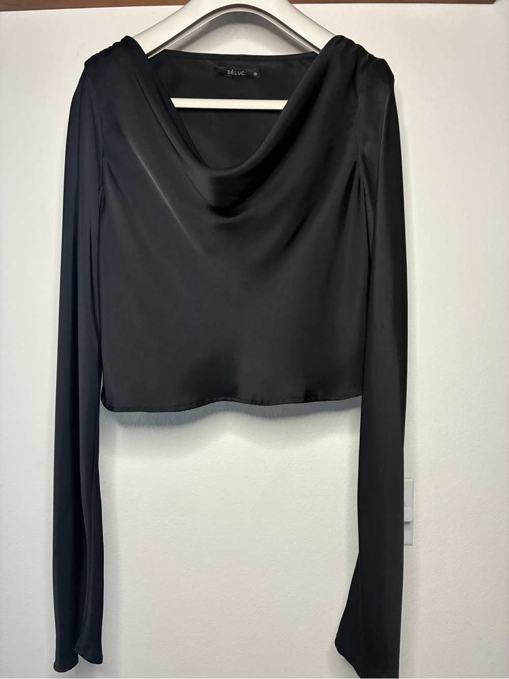 Deluc Black Satin Draped Long-Sleeve Crop Top